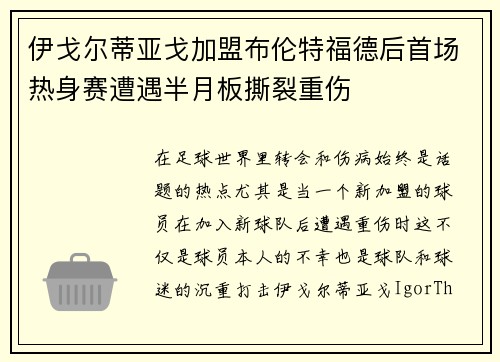 伊戈尔蒂亚戈加盟布伦特福德后首场热身赛遭遇半月板撕裂重伤